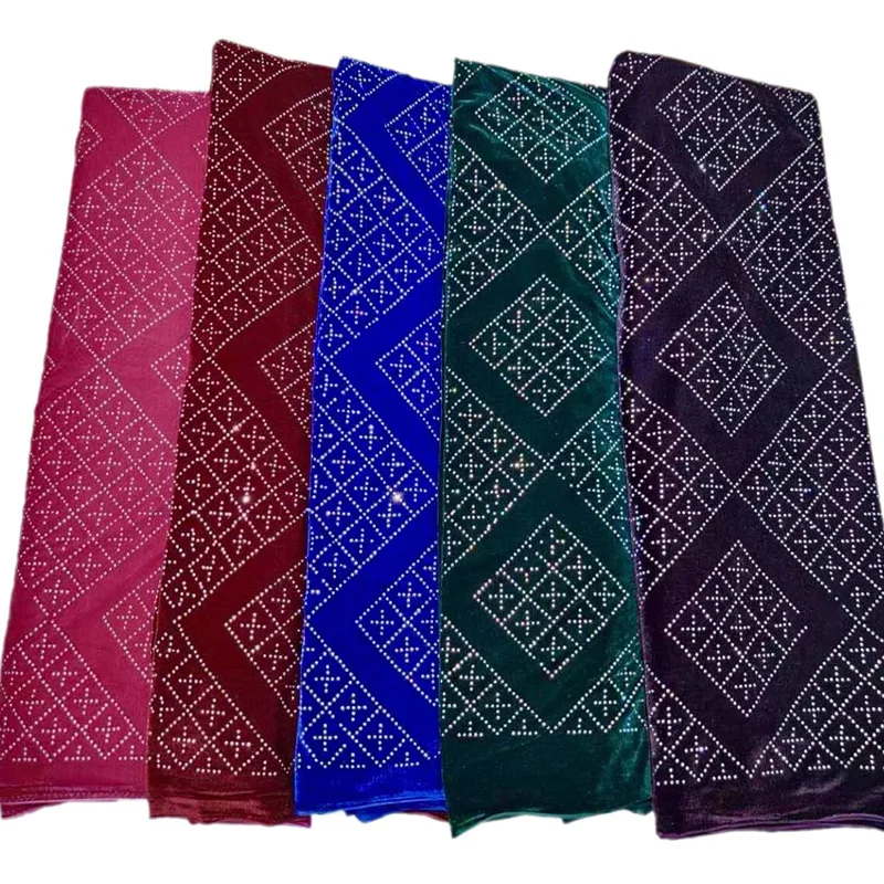 

2020 Royal blue color Velvet lace Fabric soft material graceful design hot sell french lace with stones African velvet dress