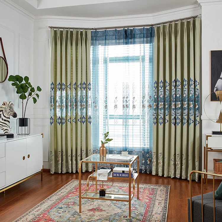 

European Square Lattice Stitching Embroidery Shading Curtains for Living Dining Room Bedroom.
