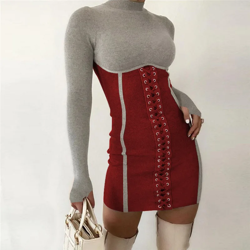 

2021 Fashion Sexy Cross Bandage Slim Bodycon Dress Spring Autumn Long Sleeve Patchwork Mini Dress Women Stand Collar Party Dress