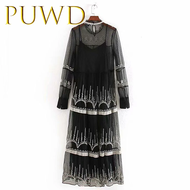 Женская длинная юбка в стиле ретро PUWD шелковое Сетчатое платье с вышивкой
