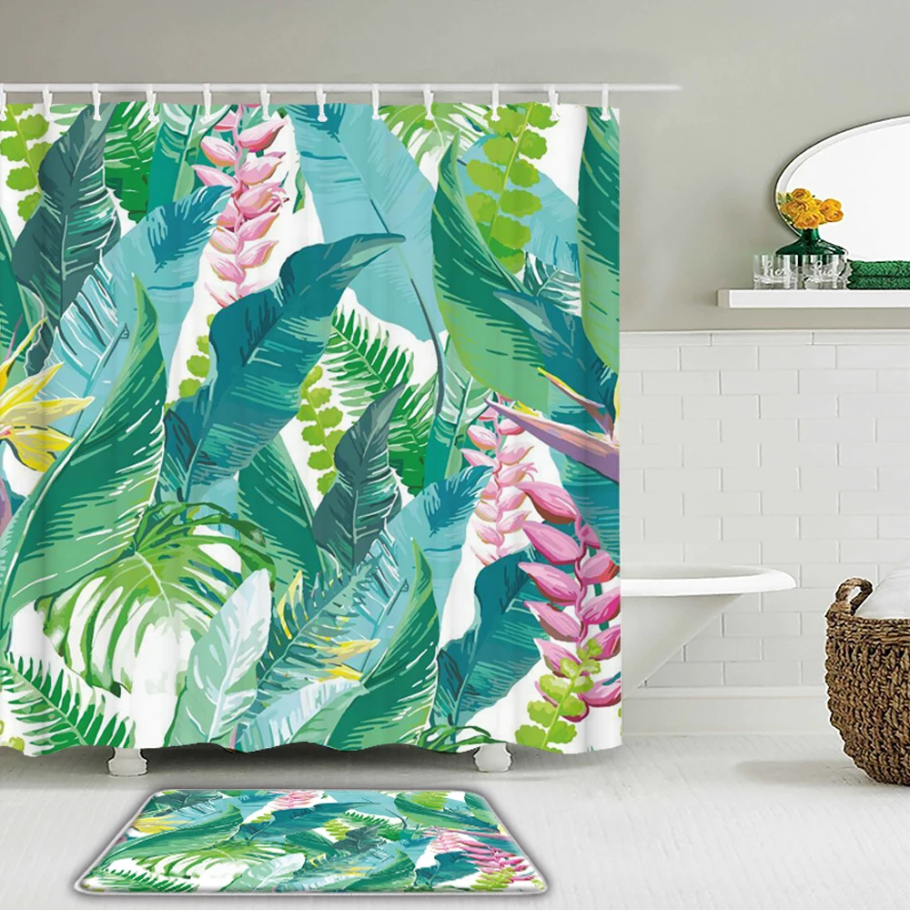 

Тропические занавески для душа с зелеными листьями и пальмовыми растениями, набор штор, водонепроницаемая ткань + нескользящий коврик для т...