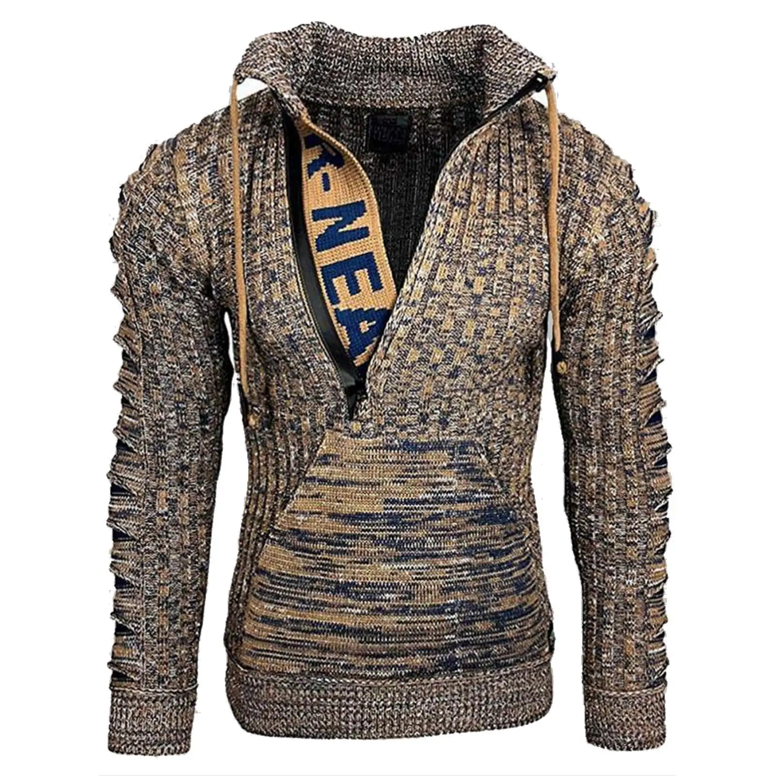 

Men Autumn Winter Letters Sweater Long Sleeve Turn Down Collar Ripped Casual Male Plus Size Clothing