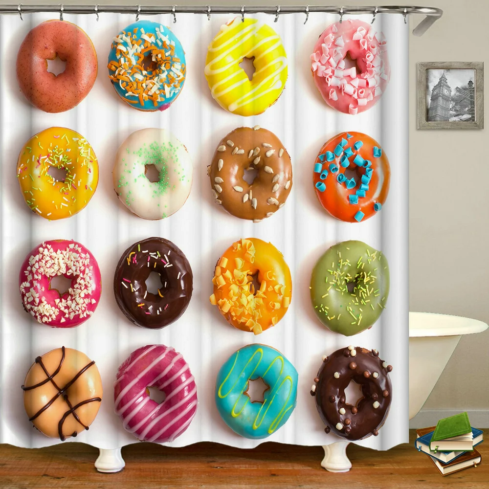 Cortinas de ducha impermeables con ganchos para el hogar, visillo de baño lavable con diseño 3d de Donuts rosados y Chica, decoración de 180x240CM