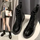 Модные ботильоны из лакированной кожи для женщин, черные ботинки мартинсы на платформе со шнуровкой, женские мотоциклетные ботинки, женская зимняя обувь в стиле панк