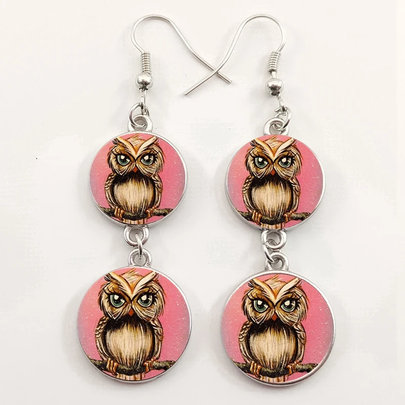 Винтажная милая сова искусство планшетов очаровательное стекло кабошон серьга Ms