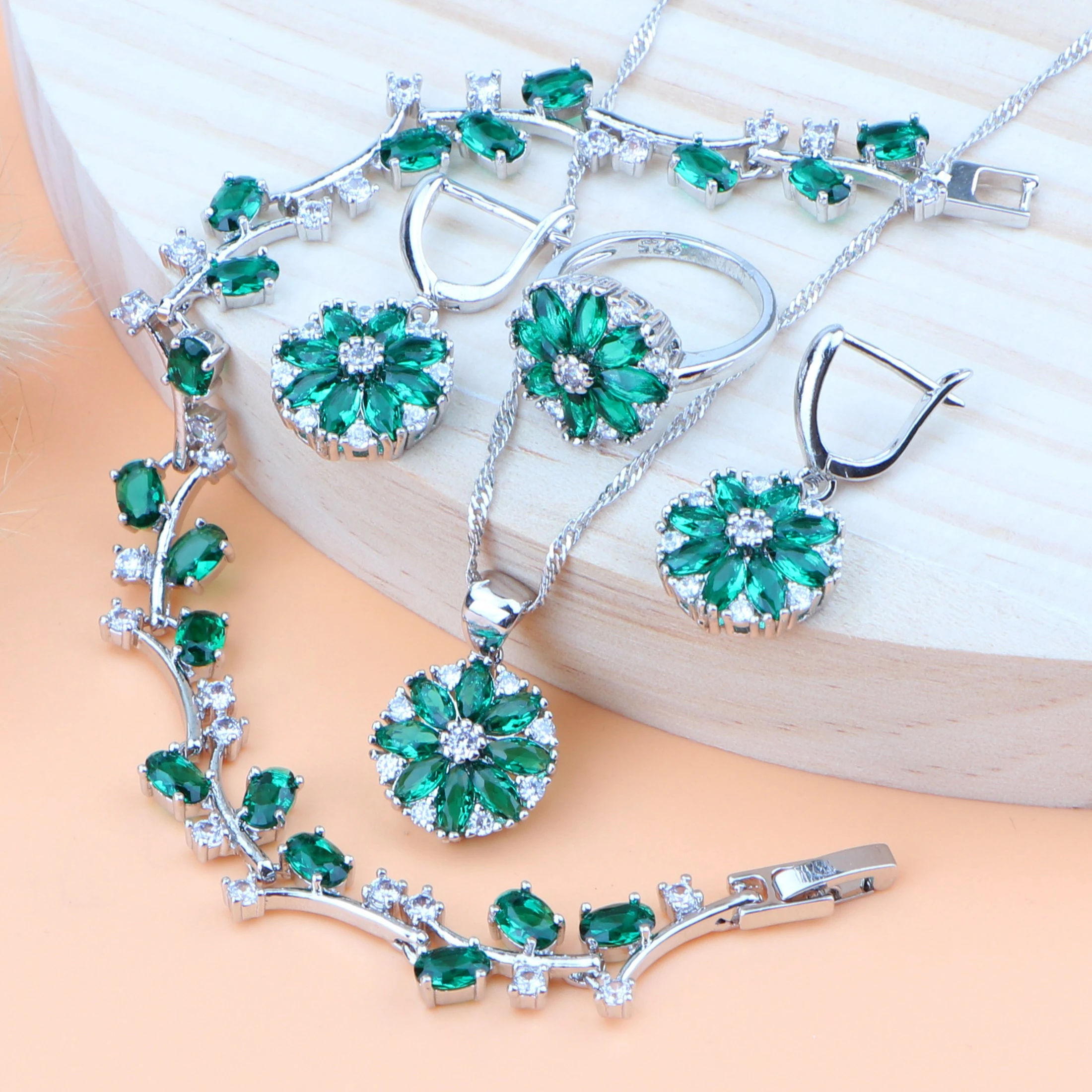 925 Sterling Silver Green Zirconia Jewelry Sets Stone Earrings For Women Wedding Pendant Rings Necklace Set Gift Box | Украшения и