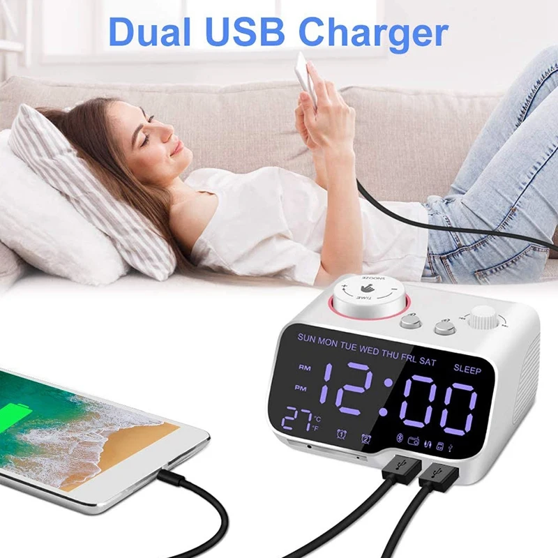 Promotion! Digital Alarm Clock Radio Bluetooth Speaker 12/24 H Dimmer Dual Snooze Thermometer Sleep Timer White US Plug | Дом и сад