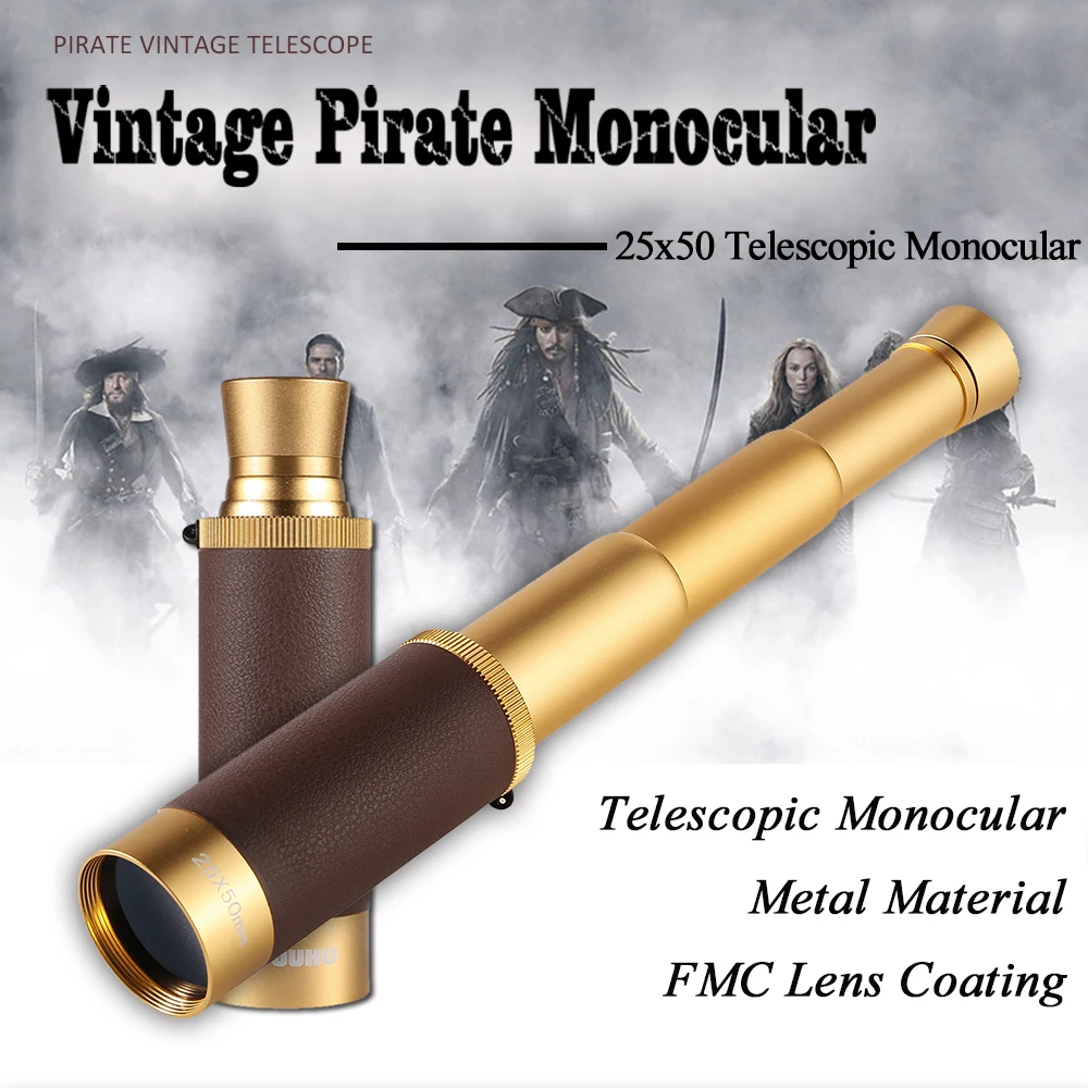 

HD Vision 25x50 Telescopic Pirate Monocular for Kids & Adults Spyglass for Camping Moon Watching Handheld Collapsible Telescope