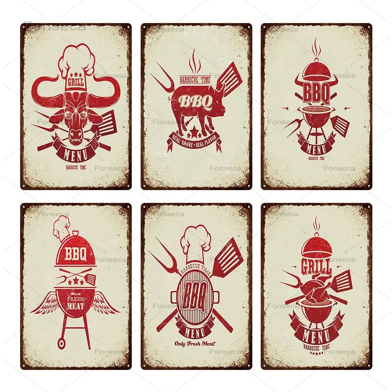 BBQ Meun Metal Sign Vintage Tin Plaque Wall Decor For Barbecue Bar Pub Kitchen Party Zone Signs Iron Paintin | Дом и сад