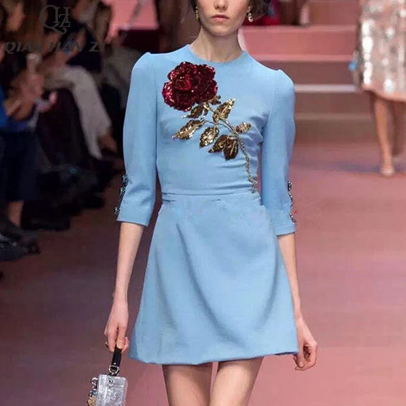 QHZ spring autumn High-end customized Women dress celebrity sequined rose beaded rhinestone blue elegant temperament dress