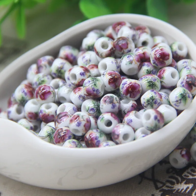 

3 Size Ceramic Beads for Making Jewelry 8mm 10mm Purple Peony Pattern String Round Beads To Diy Bracelet or Nacklace Round Shape