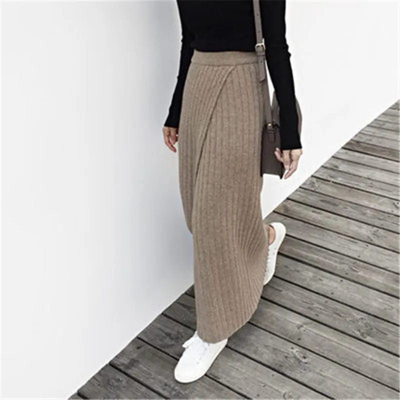 

2021 Winter Women New Retro Fashion Side Fork Pencil Knit Long Skirt Half-length Woolen Soild Color Sexy High Waist Skirt Female
