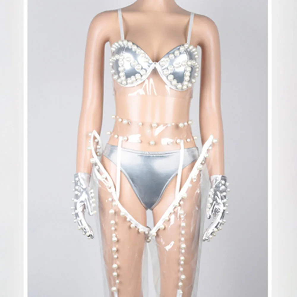 

Sexy Clothing Dance Ds Costumes Sexy Dj Nightclub GoGo Collar Dance Clothes Pearl Stretch patent leather Bikini Stage Wear NEW