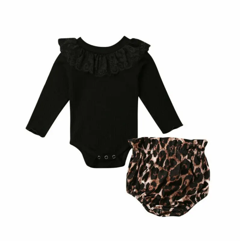 Autumn Newborn Baby Girl Clothes Lace Knitted Romper Leopard Shorts Pants Outfit | Мать и ребенок
