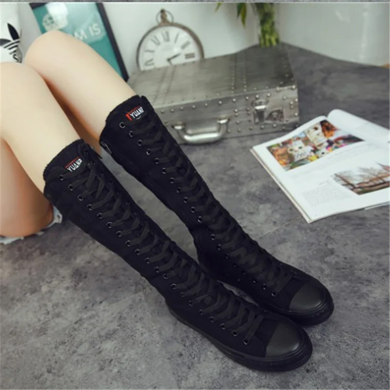 

Spring and autumn long tube inside raised canvas shoes side zipper high top women's shoes Korean version large size high tube