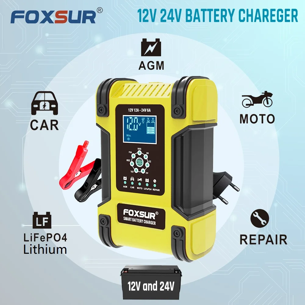 FOXSUR Automatic Smart Car Charger 12V / 24V Lithium AGM GEL Lead-Acid LiFePO4 Deep Cycle Repair Motorcycle Fast Battery Charger