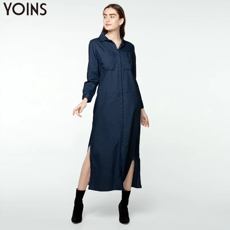 YOINS/женское длинное джинсовое платье рубашка с отложным воротником и длинными