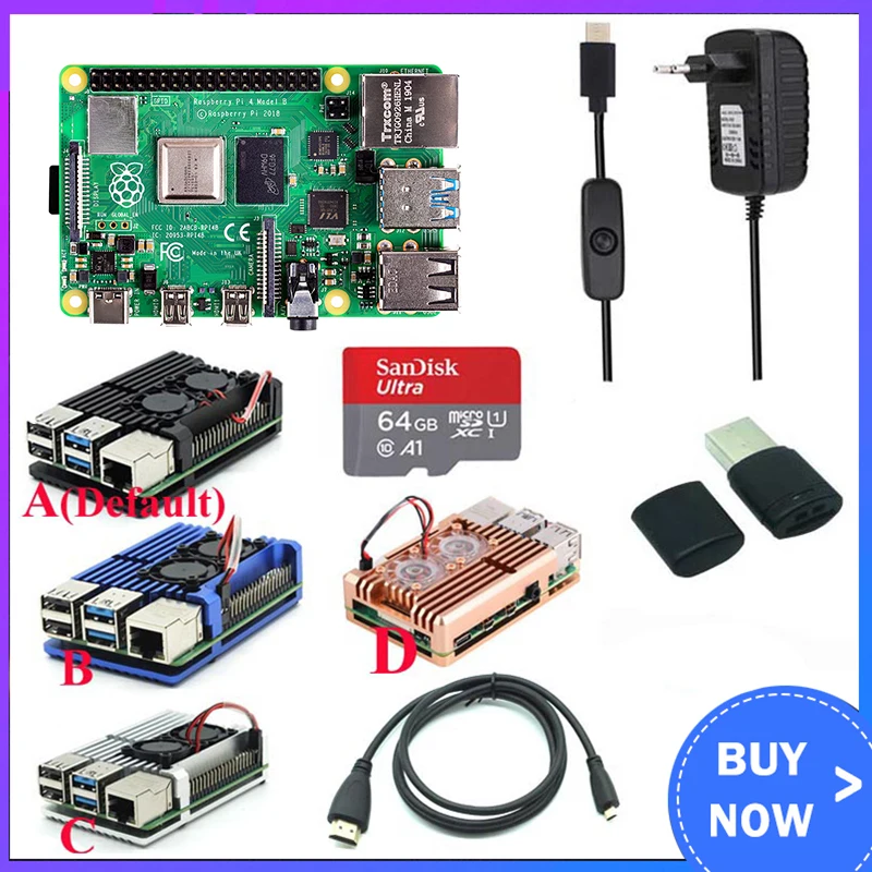 

Оригинальный Raspberry Pi 4 Model B Kit + алюминиевый чехол + теплоотвод + 3 А переключатель питания + HDMI-совместимый вариант карты 64 32 Гб | Ридер