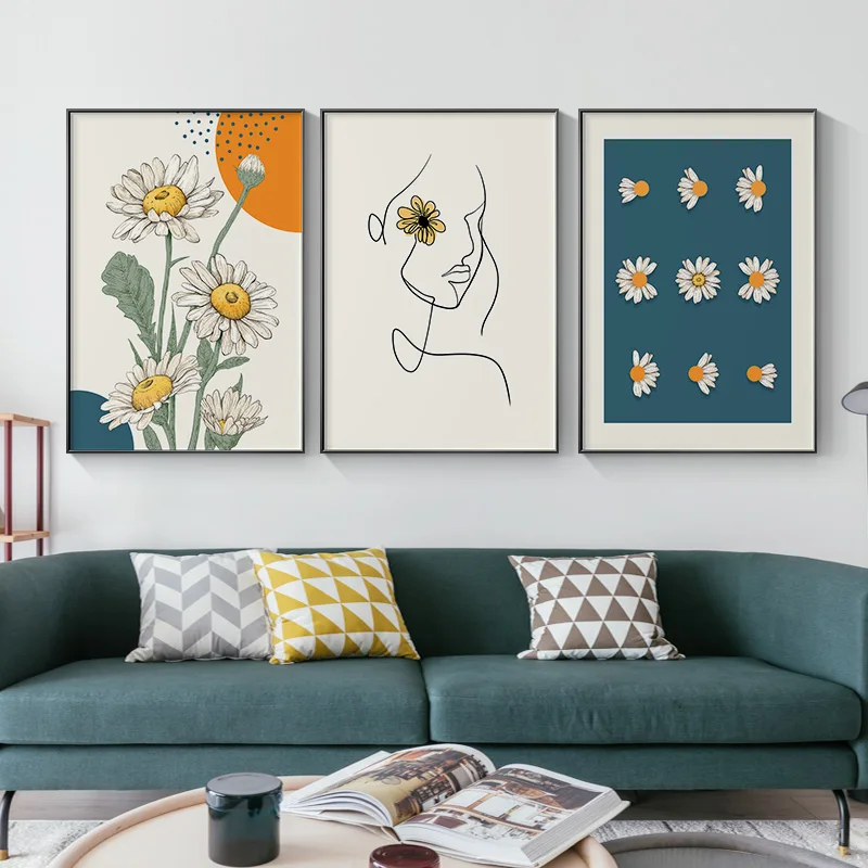 

Sunny Daisy Wall Art Canvas Painting Nordic Face Line Poster Printing Petal Ins Image For Livingroom Bedroom Home Decor Unframed
