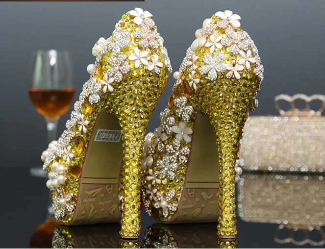 

10cm heel New Flower Banquet High Quality Diamond Bride Golden Yellow Dress Shoes Bridesmaid Wedding Shoes
