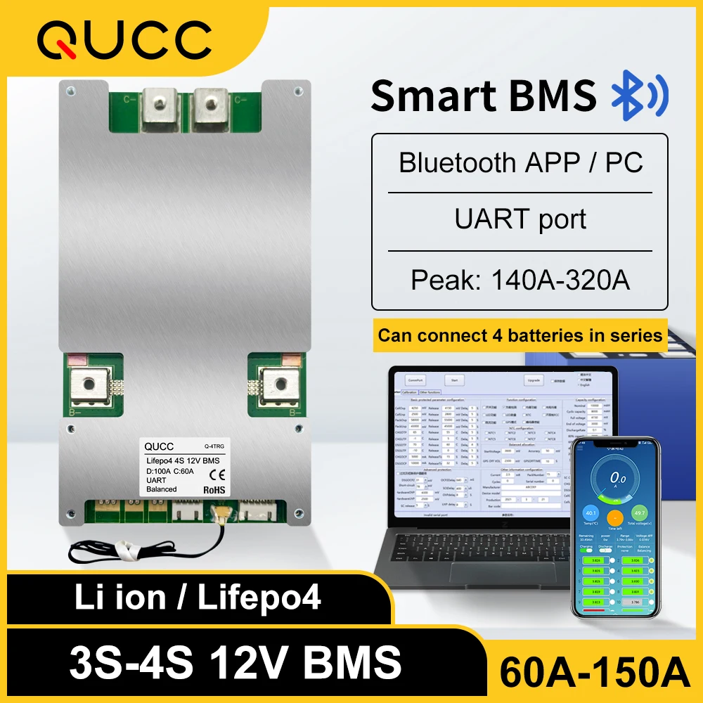 QUCC Smart BMS 4S Lifepo4 3S 12 в 3 7 а 2 80 А 60 выдерживает Высокое напряжение Bluetooth UART для