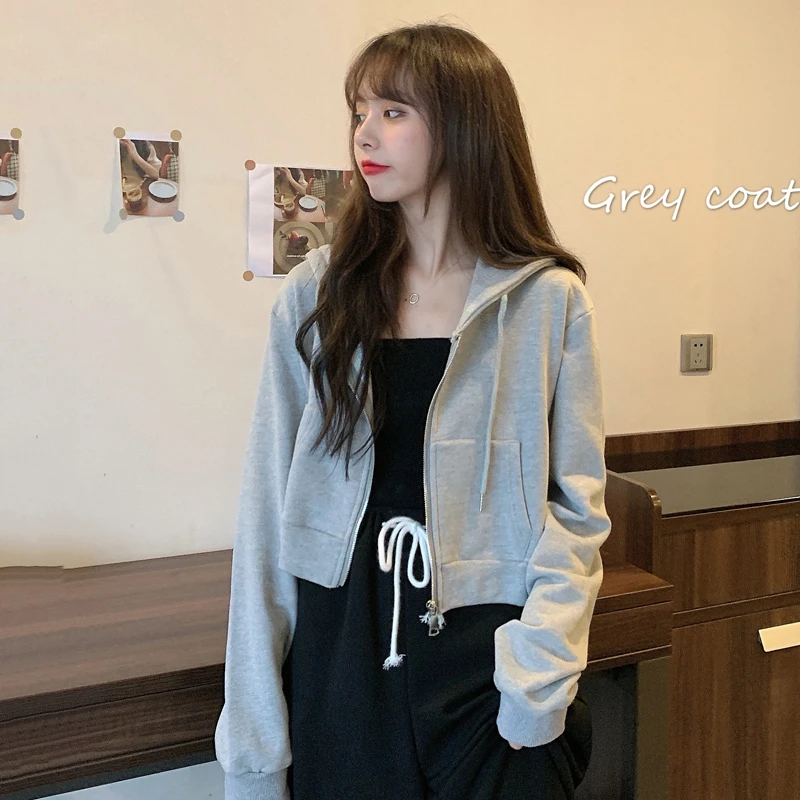 Autumn Long Sleeve Hooded Sweater Jacket Woman 2021 Casual Loose Zipper Short Coat Fashion Drawstring Top Cardigan Jacket Coat