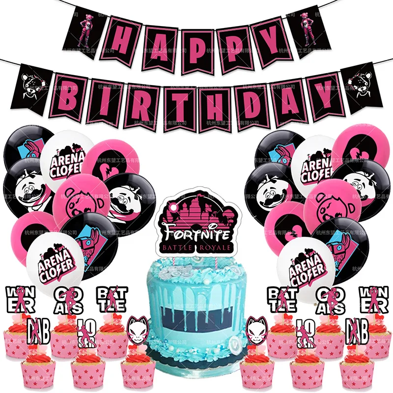 

Girls Fortnite Cake Card Topper Birthday Party Dessert Cupcake Paper DIY Home Decoration pink Balloon Set Banner Kids Child Boy
