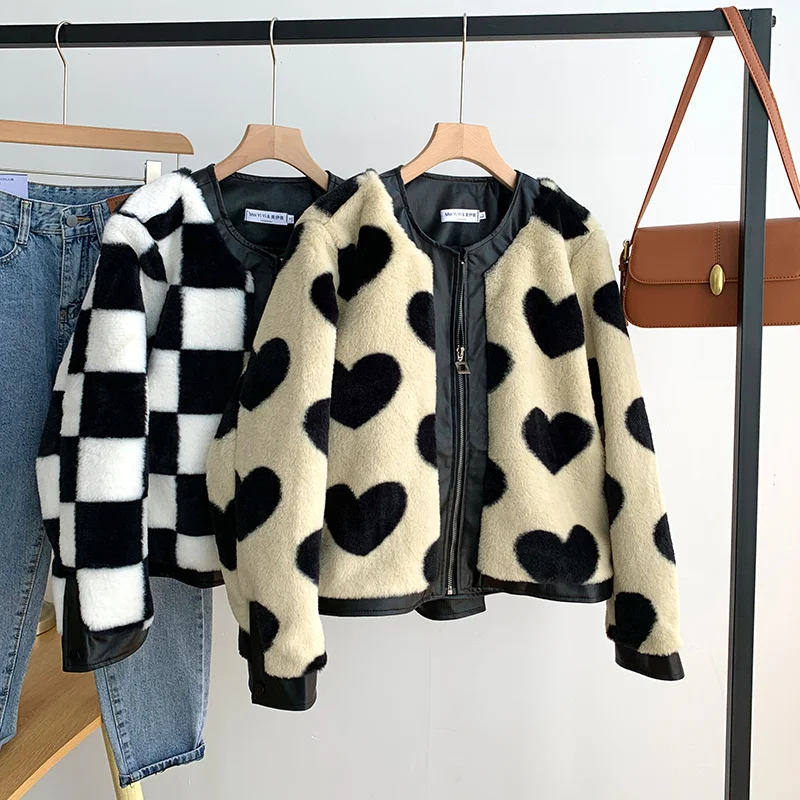 

Меховая цельный жакет на молнии для женщин, Повседневная клетчатая плюшевая свободная модная куртка с круглым вырезом в форме сердца, женск...
