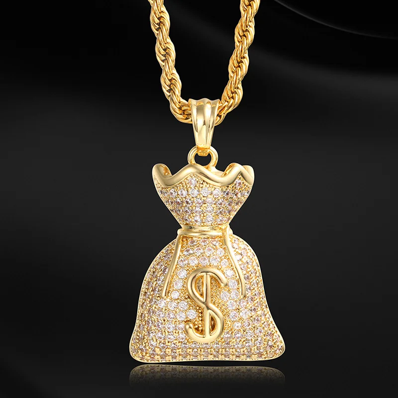 

Personality Dollar $symbol money bag pendant double sided copper set zircon hip hop trendsetter Necklace Jewelry