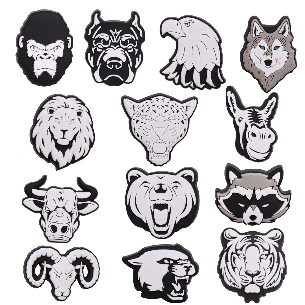 13PCS PVC Cute Cartoon Shoe Charms Black White Monkey Dog Eagle Wolf Lion Tiger Zebra Cow Bear Fox Antelope Leopard Croc Charms