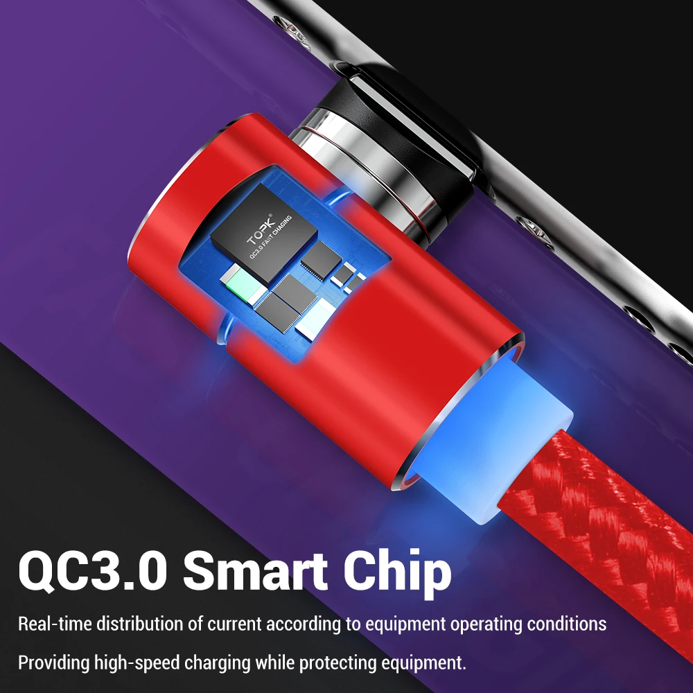 TOPK Led 3A Магнитный USB быстрый заряд кабеля USB C type кабель для samsung Phone& 8pin зарядный кабель и Micro USB 5pin кабель