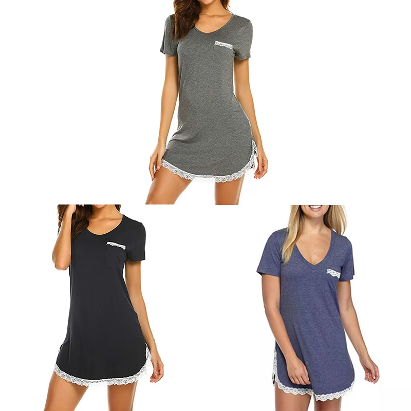 

Women Sexy Sleepwear Dress Cotton Soft Solid Color Lace Stitching V Neck Short Sleeve Nightwear Dress Lingerie Home Clothing