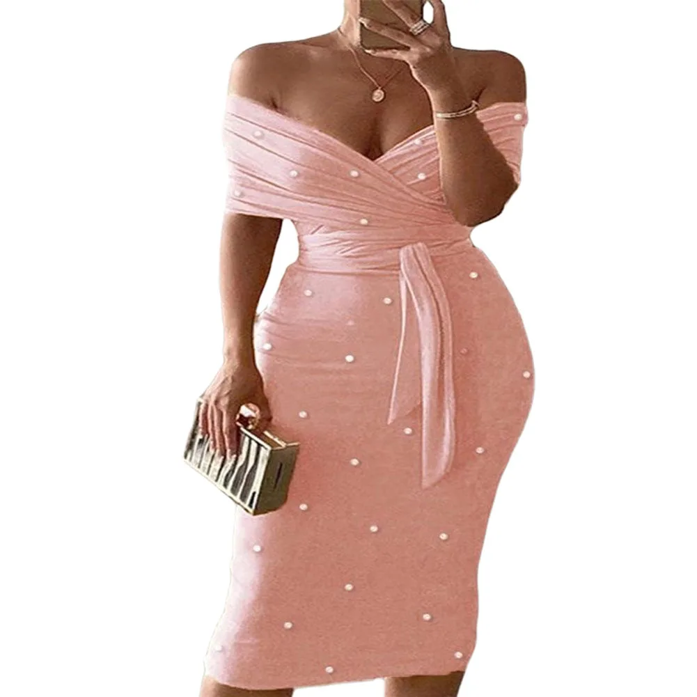 

Women Off Shoulder Midi Dress, Sexy Solid Color V-Neck Bodycon with Waist Band, Strapless Skirt for Summer