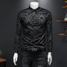 Luxury Black Crown Flocking Men Shirts Business Formal Dress Shirt Long Sleeve Casual Shirt Men's Shirt Camisa Social Masculina