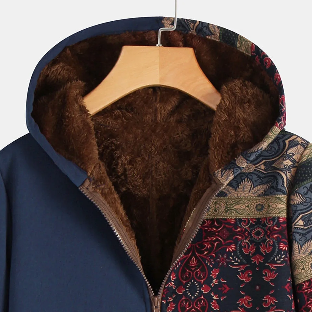 Женское пальто зимнее повседневное с цветочным принтом теплое на молнии