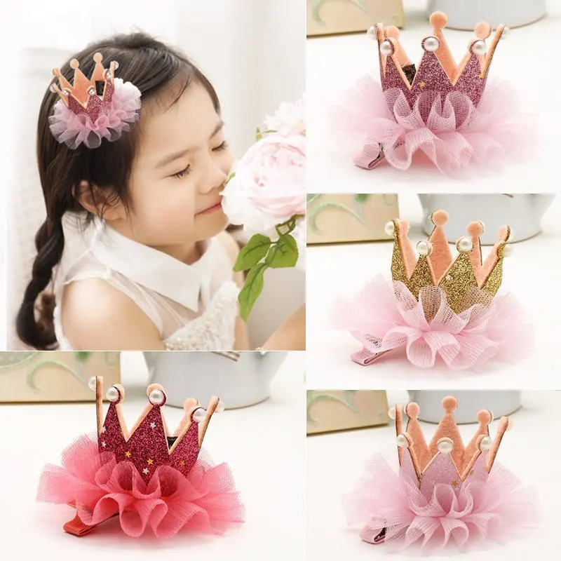 

Crown Princess Headwear Children's Korea Baby Little Girl Hairpin Net Yarn Side BB Clip Hairpin Cute Hair Accessories