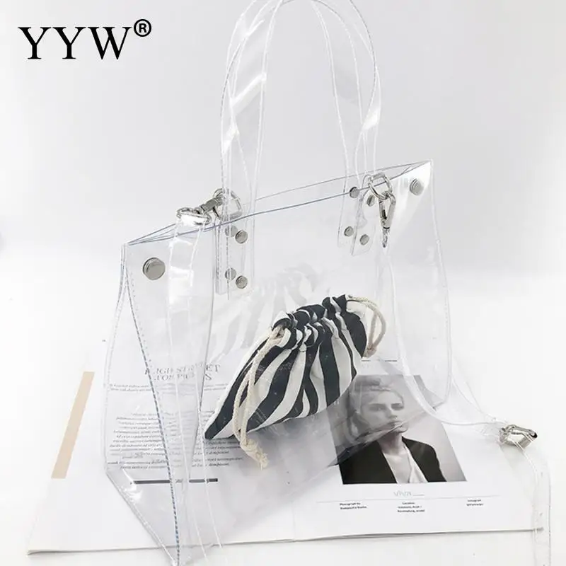 

2019 Large Capacity Transparent Hand Bags PVC Top Handle Women Handbag Shopping Tote Bag Two Piece Fashion Summer Totes Clutch