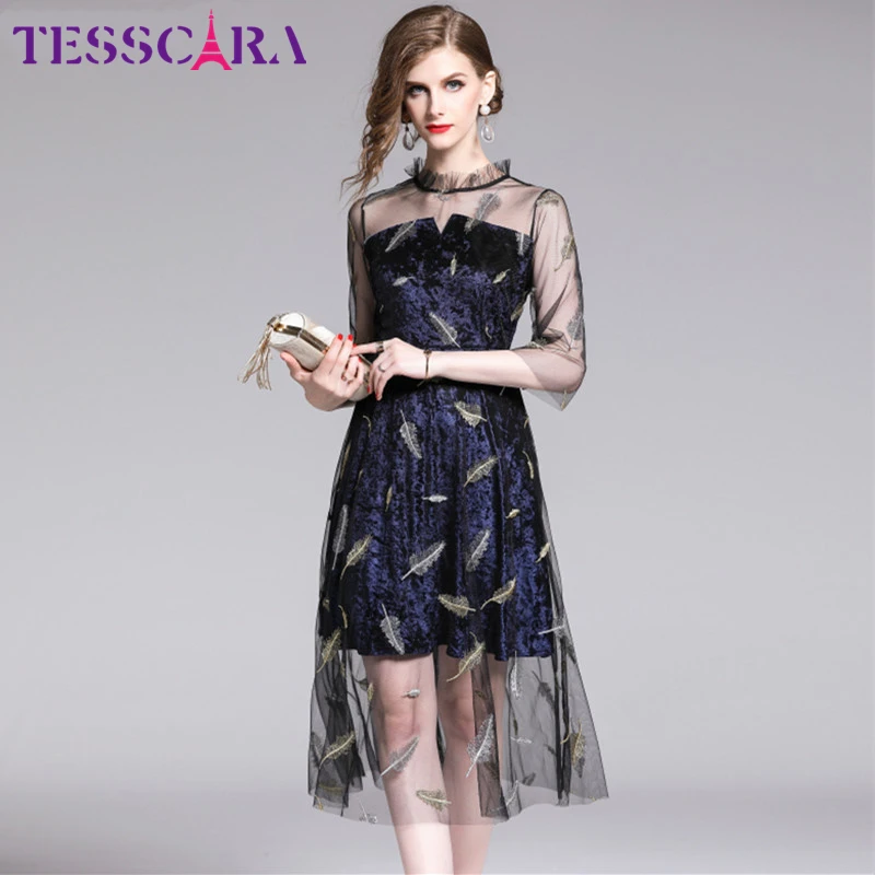 TESSCARA Women Elegant Embroidery Party Dress Festa Female High Quality Velvet Robe Femme Feather Designer Mesh Vestidos | Женская