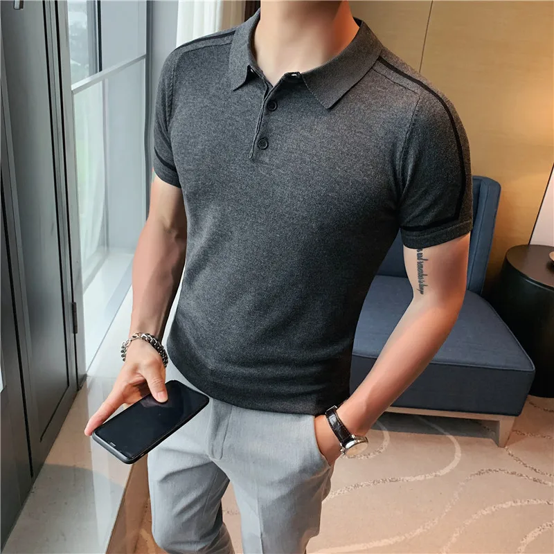 

Summer Fashion Stretched Striped Men Polo Shirts Short Sleeve Simple Slim Fit Casual Knitted Tee Shirt Homme Streetwear 4XL-M