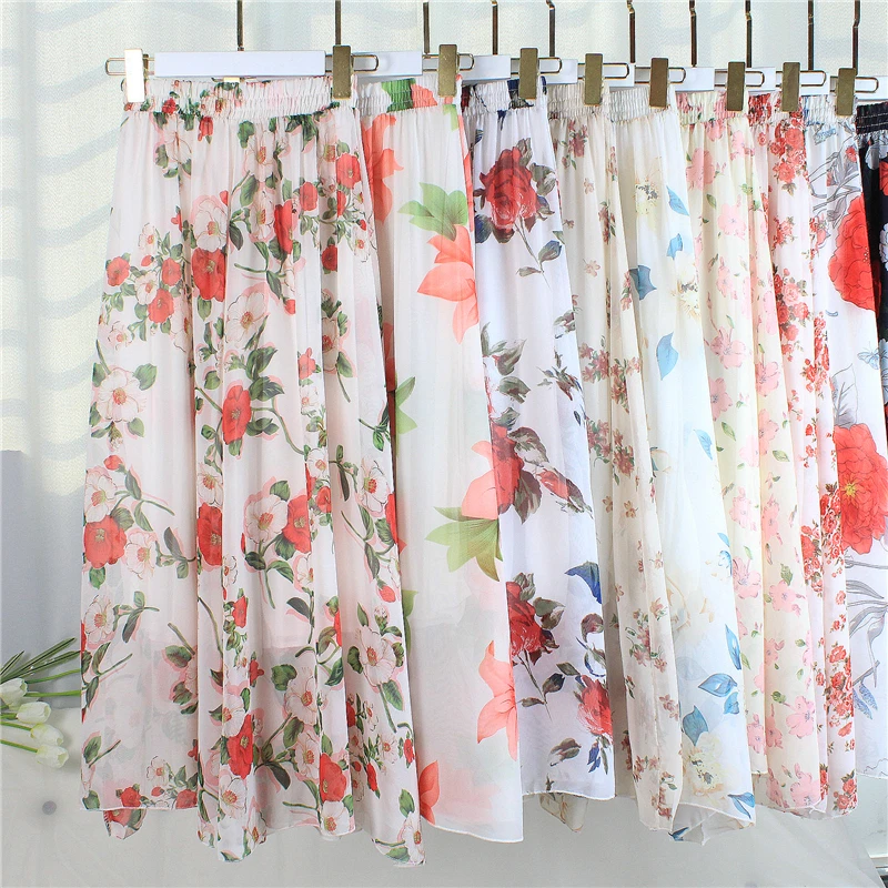 

New Women 2020 Summer Fashion Floral High Waist Chiffon Maxi Skirts Ladies Casual Pleated Long Skirt Bohemian chiffon skirt