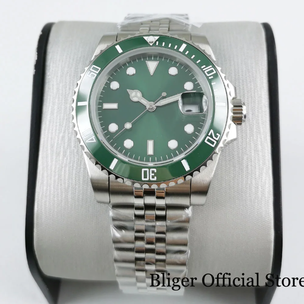 

BLIGER Sterile Light Green Sunburst Dial 40mm Automatic Men Watch 24 Jewels NH35 Sapphire Crystal Jubilee Strap Screw Crown