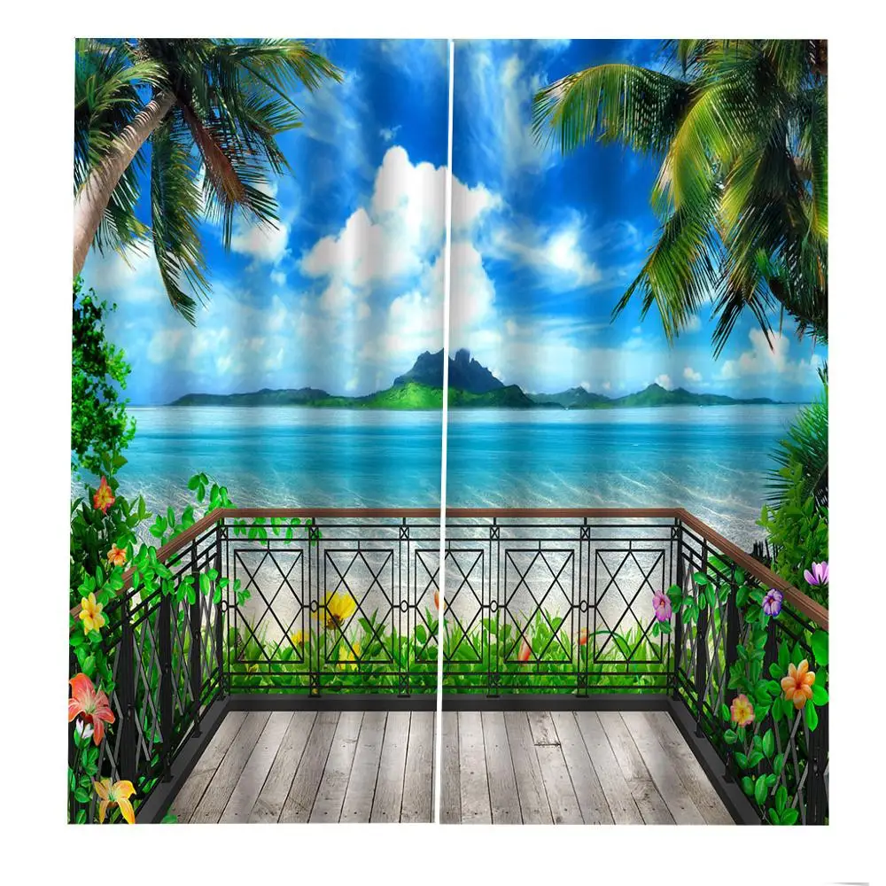 

High quality custom 3d curtain fabric blue beach curtains landscape curtain balcony stereoscopic curtains