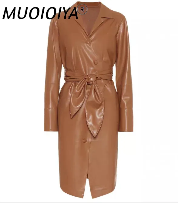 

Women's Slim PU Long Jacket Long Sleeve Turn-down Collar Coat with Belt 2019 Autumn Winter