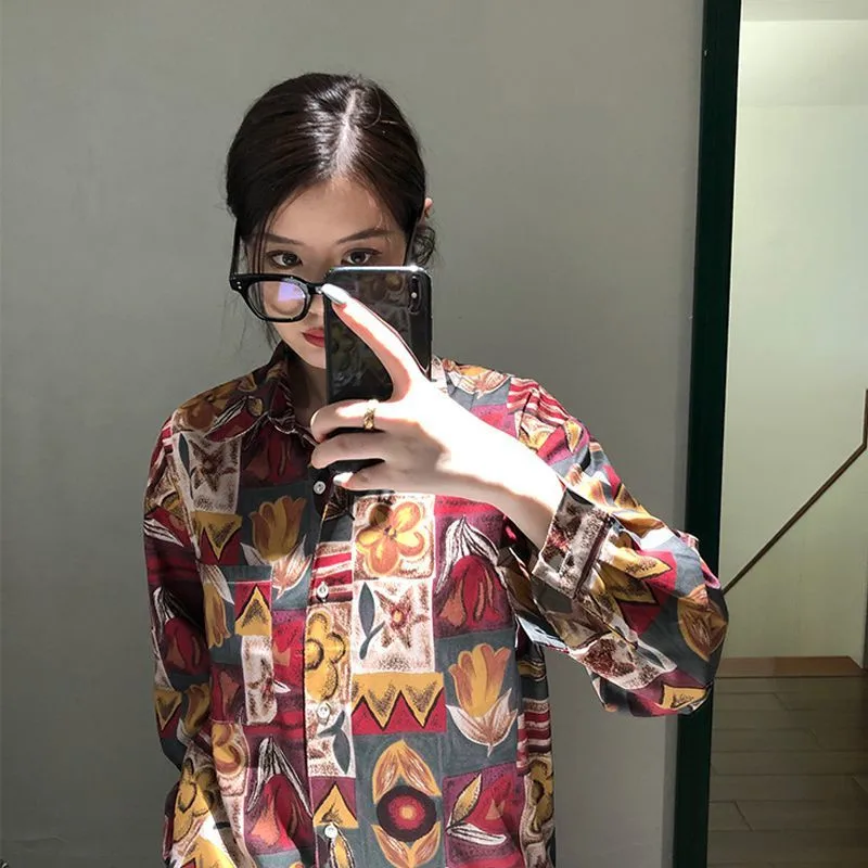 

Vintage Hong Kong Style Harajuku Shirt For Women Chiffon Blouse 2022 Elegant Spring And Autumn Art Print Streetwear Female Tops