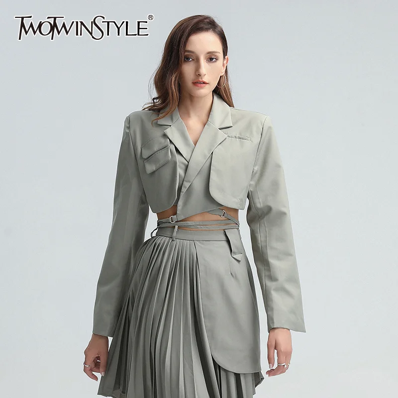

Женский лоскутный Блейзер TWOTWINSTYLE, с отложным воротником, с длинным рукавом, с вырезами, размера плюс, 2022, Корейская одежда