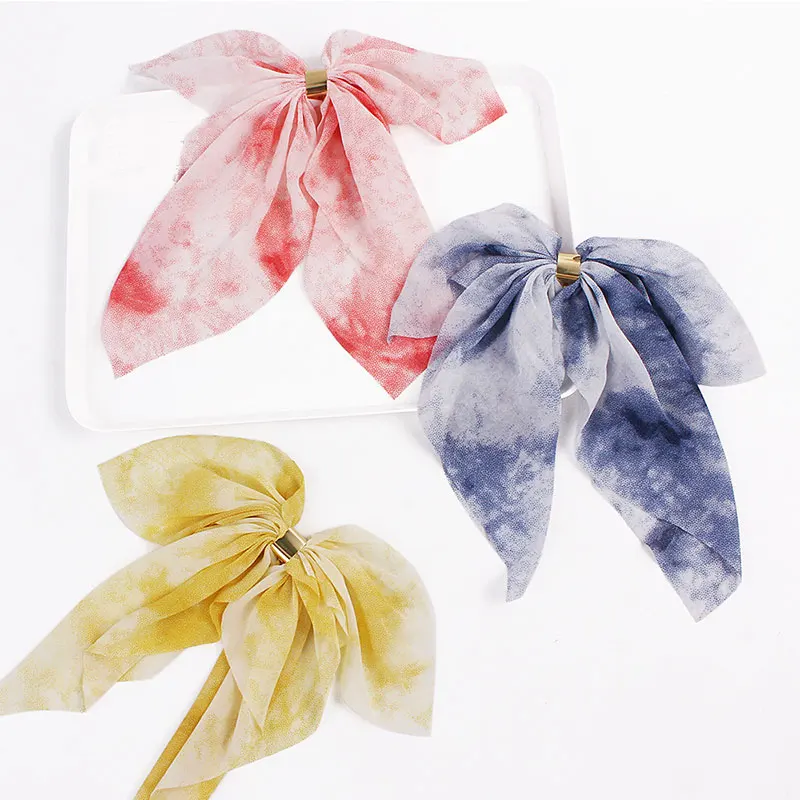 Большой бант шифоновые длинные ленты с принтом резинки для волос металлические