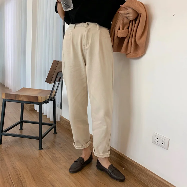 Зимние Бежевые женские бархатные теплые джинсы LYZCR утепленные с высокой талией