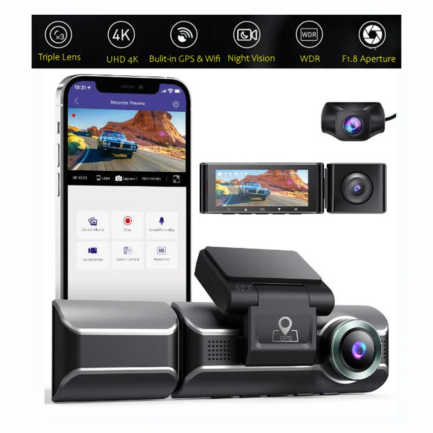 

4K Dash Cam Front Rear Cabin Tri Wide Angle Lens Car Driving Camera Recorder Wifi Gps Tracker Ir Night Vision Camcorder Monitor