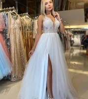 wedding dress elegant 2021 sexy v neck floor length side slit crystal beaded bridal gowns robe de mariee sleeveless shinny