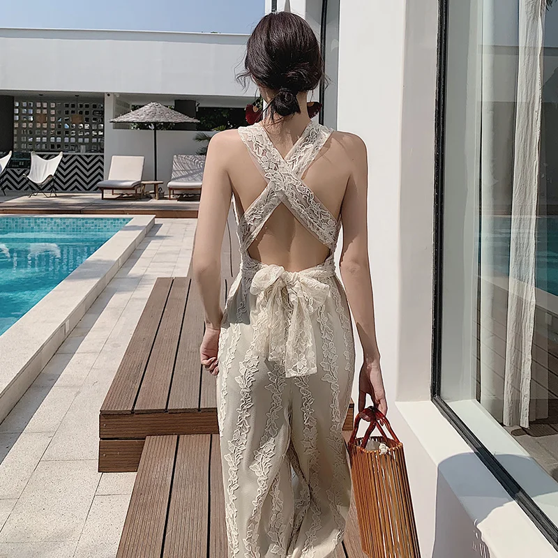 Женский Длинный комбинезон с V-образным вырезом кружевной открытой спиной и